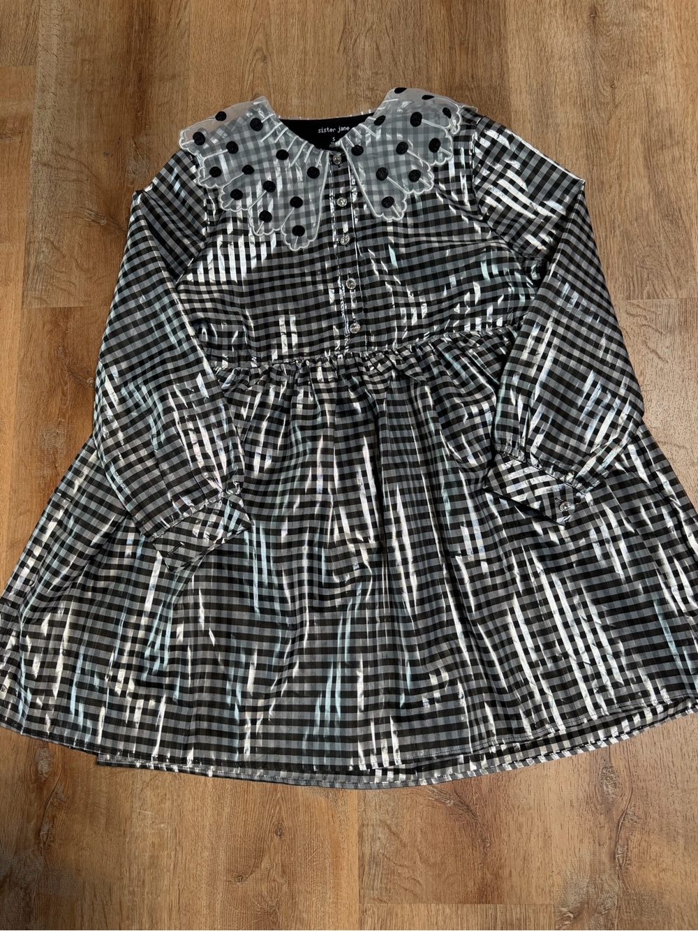 Sister Jane Black and White Gingham Dress with Rhinestone Button